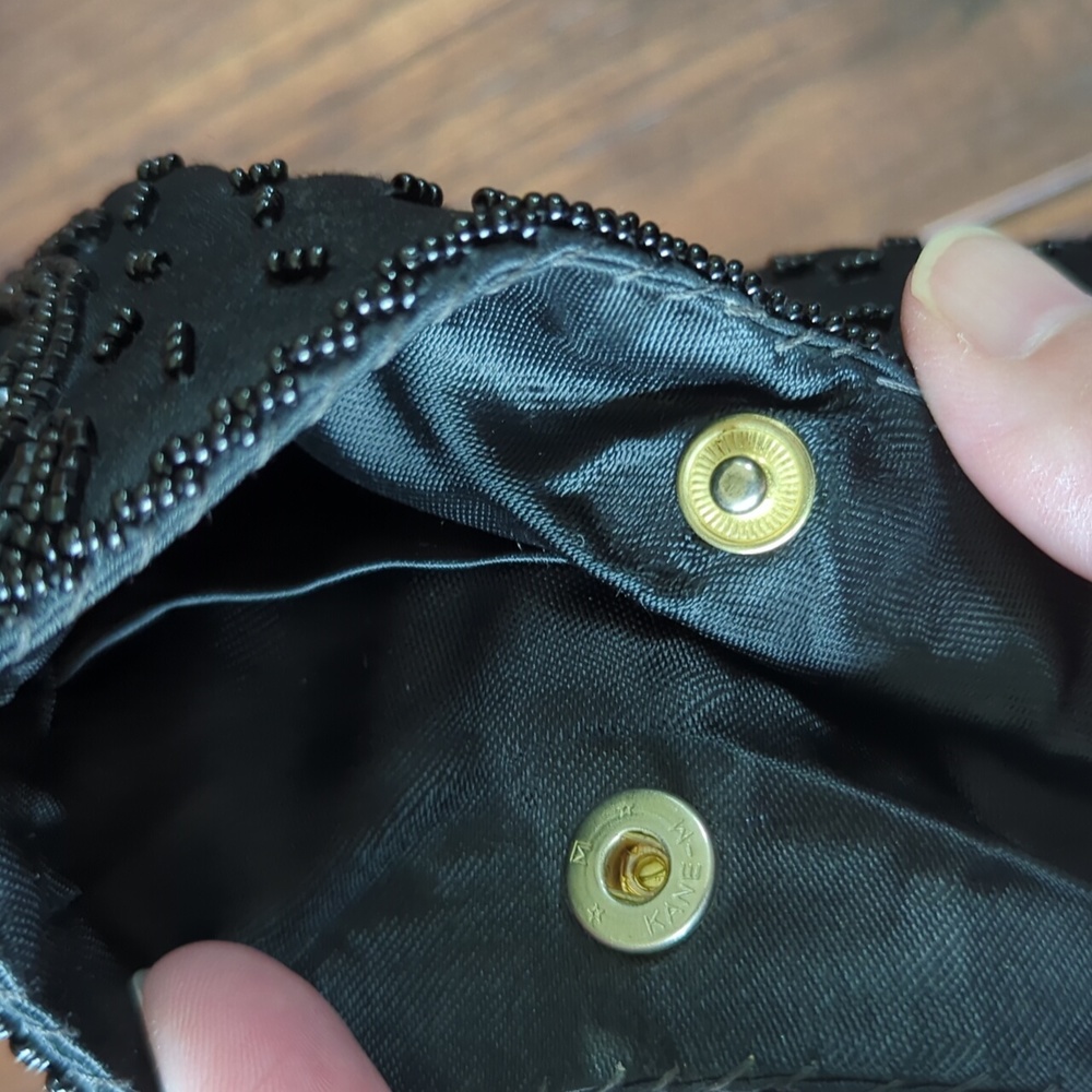 Vintage Formal Black Satin Hand Beaded Mini Purse Made in Hong Kong by Wolberg - Picture 9 of 15
